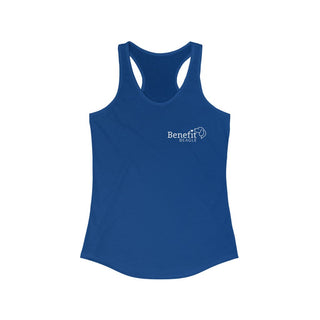 Live in the Moment Women's Ideal Racerback Tank in Royal. The Live in the Moment design features the Benefit Beagle logo in the top corner of the garment.