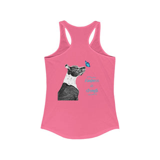 Lincoln Butterfly Women's Ideal Racerback Tank in Hot Pink. Shown is back of shirt design showcasing profile of a dog with a blue butterfly on its nose and the phrase "Kindness is Strength" next to it. The front of shirt has Benefit Beagle Logo kissed by a Butterfly.