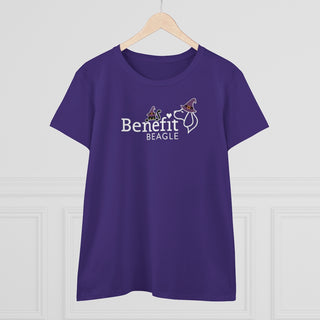 A slightly more fitted take of a classic short sleeve cotton tee. This contoured silhouette is made out of a soft, light cotton. Front side shown in Purple with a Seasonal Benefit Beagle Logo Design. Back side showcases Wide Eyed Cartoon Cat wearing Purple Hat Standing over Broom. "Crossing Paths Since 1692". Purrfect for Halloween, or anytime!