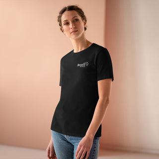 Live in the Moment Women's Premium Tee in Black. The Live in the Moment design features the Benefit Beagle logo in the top corner of the garment.