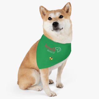 Dog wearing Bee Pawsitive Dog Collar Bandana in Green. The Bee Pawsitive design features the Benefit Beagle logo with a bumble bee flying under it. Comes with adjustable black collar.