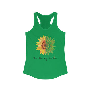 You are my Sunshine Women's Racerback Tank in Kelly Green. Shown is the front showcasing a sunflower which is split down the middle and half is made out of paw prints. Underneath is the phrase "You are my Sunshine" . Back of shirt features the Sunflower Benefit Beagle Logo.