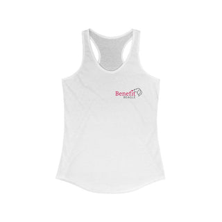 Different Pawspective Women's Racerback Tank in White. Shown is front of shirt with Benefit Beagle logo in the top corner . On the back is large colorful pawprint with the the phrase "Life is all about finding the beauty in a different pawspective" circled around it.