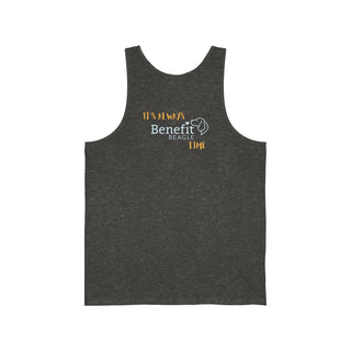 Beagle-Thirty Mugs Unisex Jersey Tank in Charcoal Black Triblend. Shown is back of shirt featuring "Beagle-Thirty" Benefit Beagle Logo. The front Showcases Two Dog Adorned Mugs clinking with, "It's Beagle- Thirty" written above it.