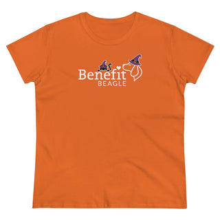 A slightly more fitted take of a classic short sleeve cotton tee. This contoured silhouette is made out of a soft, light cotton. Front side shown in Orange with a Seasonal Benefit Beagle Logo Design.  Back side showcases Wide Eyed Cartoon Cat wearing Purple Hat Standing over Broom. "Crossing Paths Since 1692". Purrfect for Halloween, or anytime!