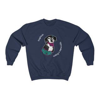 Signature Tattoo Roses Crewneck Sweatshirt in Navy. Shown is front of shirt with the Signature Tattoo Roses design featuring a dog with roses around it and the phrase "Beagletude" and "Nothing is Impawssible". Back of shirt features the Benefit Beagle Logo.