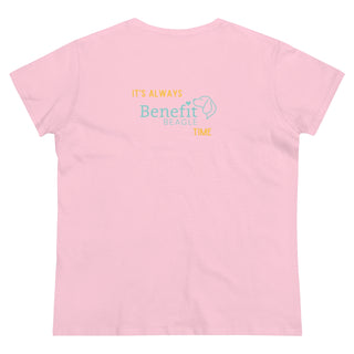 Beagle-Thirty Bottles Women's Midweight Cotton Tee in Light Pink. Shown is back of shirt featuring "Beagle-Thirty" Benefit Beagle Logo. The front Showcases Two Paw Labeled Bottles clinking with, "It's Beagle-Thirty" written next to it.