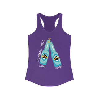 Beagle-Thirty Bottles Women's Racerback Tank in Purple Rush. The front of shirt showcases Two Paw Labeled Bottles clinking with the saying, "It's Beagle-Thirty". Back of shirt features corresponding Benefit Beagle Logo.