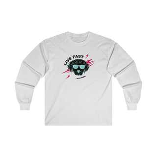 Play Hard Ultra Long Sleeve Tee in White. The design features a cool dog with sunglasses and lightening bolts around it. The phrase "Live Fast, Play Hard" is around the design.