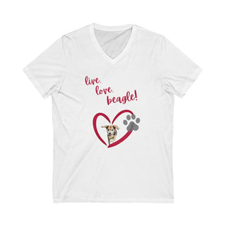 Live, Love, Beagle Unisex V-Neck Tee in White. The Live, Love, Beagle design features a dog running through a heart with the phrase "Live, Love, Beagle!" above it.