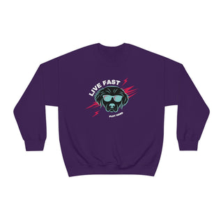 Play Hard Unisex Heavy Blend Crewneck Sweatshirt in Purple. The design features a cool dog with sunglasses and lightening bolts around it. The phrase "Live Fast, Play Hard" is around the design.