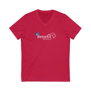 Lincoln Butterfly Unisex V-Neck Tee in Red. Shown is the front of shirt with Benefit Beagle Logo kissed by butterfly. The back of shirt showcases profile of a dog with a blue butterfly on its nose and the phrase "Kindness is Strength" next to it.