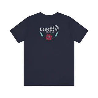 Stay Wild Premium Unisex Tee in Navy. Shown is the back of shirt with Benefit Beagle Logo complete with Tattoo Rose. On front of shirt is Stay Wild Design featuring a tattoo style rose with the phrase "Stay Wild, Play Hard" around it.