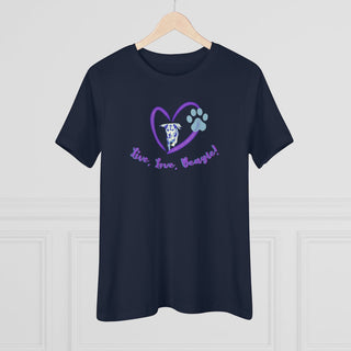 Live, Love, Beagle Women's Premium Tee in Navy. The Live, Love, Beagle design features a dog running through a heart with the phrase "Live, Love, Beagle!" under it.