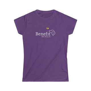 Bee Pawsitive Women's Softstyle Tee shirt in Purple. The front of shirt features the Bee Pawsitive Benefit Beagle Logo. The back of shirt showcases a dog dressed as a bee in a field of sunflowers with "Bee Pawsitive" written above.