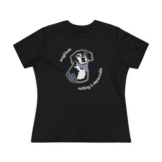 Signature Tattoo Flowers Women's Premium Tee in Black. Shown is front of shirt with the Signature Tattoo Flowers design featuring a dog with flowers around it and the phrase "Beagletude" and "Nothing is Impawssible". Back of shirt features the Benefit Beagle Logo.