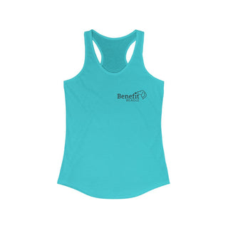 Live in the Moment Women's Ideal Racerback Tank in Tahiti Blue. The Live in the Moment design features the Benefit Beagle logo in the top corner of the garment.