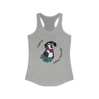 Signature Tattoo Roses Women's Ideal Racerback Tank in Heather Grey. Shown is front of shirt with the Signature Tattoo Roses design featuring a dog with flowers around it and the phrase "Beagletude" and "Nothing is Impawssible". Back of shirt features the Benefit Beagle Logo.