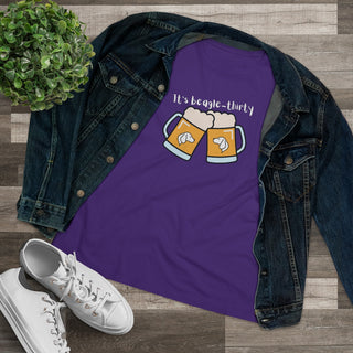 Beagle-Thirty Mugs Women's Premium Tee in Team Purple. The front of shirt showcases Two Dog Adorned Mugs clinking with the saying, "It's Beagle-Thirty" above it. Back of shirt features corresponding Benefit Beagle Logo.