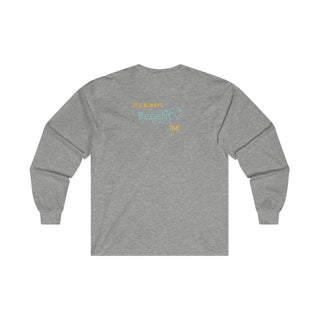 Beagle-Thirty Bottles Unisex Ultra Cotton Long Sleeve Tee in Sport Grey. Shown is back of shirt featuring "Beagle-Thirty" Benefit Beagle Logo. The front Showcases Two Paw Labeled Bottles clinking with, "It's Beagle-Thirty" written next to it.