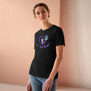 Live, Love, Beagle Women's Premium Tee in Black. The Live, Love, Beagle design features a dog running through a heart with the phrase "Live, Love, Beagle!" under it.