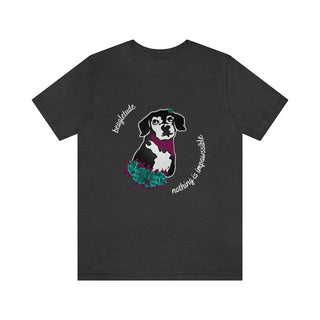 Signature Tattoo Roses Unisex Short Sleeve Tee in Dark Grey Heather. Shown is front of shirt with the Signature Tattoo Roses design featuring a dog with roses around it and the phrase "Beagletude" and "Nothing is Impawssible". Back of shirt features the Benefit Beagle Logo.