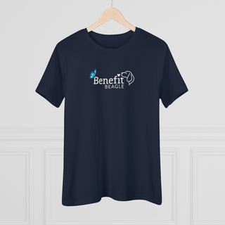 Lincoln Butterfly Women's Premium Tee in Navy. Shown is the front of shirt with Benefit Beagle Logo kissed by butterfly. The back of shirt showcases profile of a dog with a blue butterfly on its nose and the phrase "Kindness is Strength" next to it.