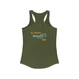 Beagle-Thirty Mugs Women's Racerback Tank in Military Green. Shown is back of shirt featuring "Beagle-Thirty" Benefit Beagle Logo. The front Showcases Two Dog Adorned Mugs clinking with, "It's Beagle-Thirty" written above it.