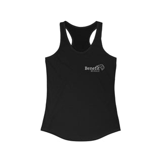 Live in the Moment Women's Ideal Racerback Tank in Black. The Live in the Moment design features the Benefit Beagle logo in the top corner of the garment.