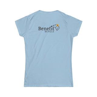 You are my Sunshine Women's Softstyle Tee in Light Blue. Shown is back of shirt featuring the Sunflower Benefit Beagle Logo. The front showcases a sunflower which is split down the middle and half is made out of paw prints. Underneath is the phrase "You are my Sunshine".