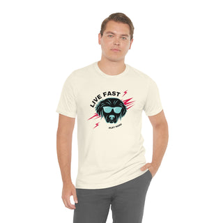 Play Hard Unisex Jersey Short Sleeve Tee Shirt in Natural. The design features a cool dog with sunglasses and lightening bolts around it. The phrase "Live Fast, Play Hard" is around the design.