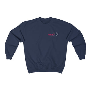 Different Pawspective Unisex Crewneck Sweatshirt in Navy. Shown is front of shirt with Benefit Beagle logo in the top corner . On the back is large colorful pawprint with the the phrase "Life is all about finding the beauty in a different pawspective" circled around it.