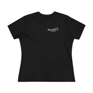 Brightest Star women's premium Tee shirt in black. The Brightest Star design features the Benefit Beagle logo in the top corner of the garment.