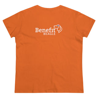 Dia De Los Muertos Women's Midweight Cotton Tee Shirt in Orange. Shown is the back of shirt with Dia De Loa Muertos Benefit Beagle Logo. The front of shirt showcases print of dogs and cats with Dia de los Muertos traditional decorations.