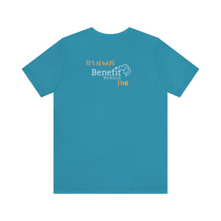 Beagle-Thirty Mugs Unisex Jersey Short Sleeve Tee in Aqua. Shown is back of shirt featuring "Beagle-Thirty" Benefit Beagle Logo. The front Showcases Two Dog Adorned Mugs clinking with, "It's Beagle- Thirty" written above it.