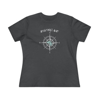 Adventures Await Women's Premium Tee in Asphalt. The front of shirt features the Adventures Await design with a dog inside a nautical compass and the words "Adventures Await" above it. The back of the shirt has similar Benefit Beagle Logo.