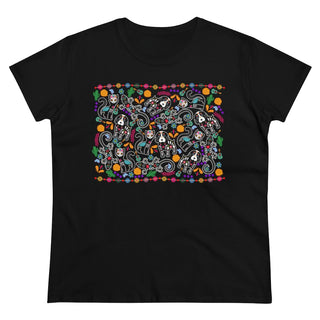 Dia De Los Muertos Women's Midweight Cotton Tee Shirt in Black. Shown is the front of shirt featuring print of dogs and cats with Dia de los Muertos traditional decorations. On the back is a similar Benefit Beagle Logo.