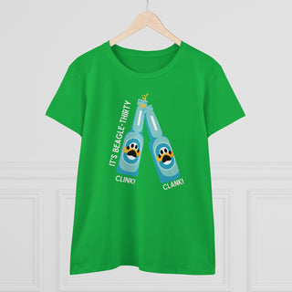 Beagle-Thirty Bottles Women's Midweight Cotton Tee in Irish Green. The front of shirt showcases Two Paw Labeled Bottles clinking with the saying, "It's Beagle-Thirty". Back of shirt features corresponding Benefit Beagle Logo.