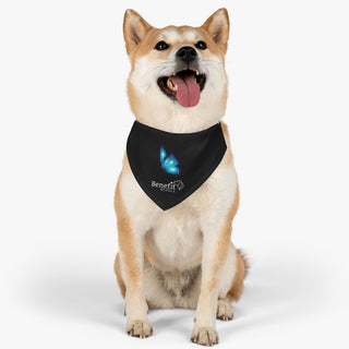 Dog wearing the Lincoln Butterfly Dog Collar Bandana in Black. The Lincoln Butterfly design features the Benefit Beagle logo with a blue butterfly above it. Comes with adjustable black collar.