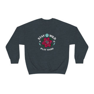 Stay Wild Unisex Heavy Blend Crewneck Sweatshirt in Dark Grey Heather. The Stay Wild Design features a tattoo style rose with the phrase "Stay Wild, Play Hard" around it. The back of shirt features the Stay Wild Benefit Beagle Logo Design.