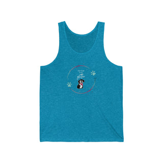 Dog Hair is my Glitter Unisex Jersey Tank in Aqua Triblend. The Dog Hair is my Glitter design features a dog with the phrase "Dog Hair is my Glitter" above it and it is surrounded by a circle with paw prints.