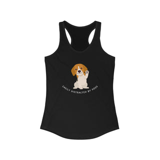 Easily Distracted Women's Racerback Tank in Black. Shown is front design featuring a dog waving with the saying "Easily Distracted by Dogs" below it. The back of shirt has the classic Benefit Beagle Logo.