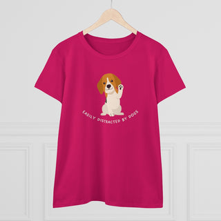 Easily Distracted Women's Midweight Cotton Tee in Team Heliconia Pink. Shown is front design featuring a dog waving with the saying "Easily Distracted by Dogs" below it. The back of shirt has the classic Benefit Beagle Logo.