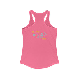 Beagle-Thirty Bottles Women's Racerback Tank in Hot Pink. Shown is back of shirt featuring "Beagle-Thirty" Benefit Beagle Logo. The front Showcases Two Paw Labeled Bottles clinking with, "It's Beagle-Thirty" written next to it.