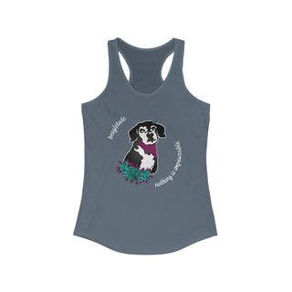 Signature Tattoo Roses Women's Ideal Racerback Tank in Indigo. Shown is front of shirt with the Signature Tattoo Roses design featuring a dog with flowers around it and the phrase "Beagletude" and "Nothing is Impawssible". Back of shirt features the Benefit Beagle Logo.