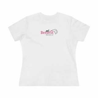 Meow Women's Premium Tee in White. Shown is front of shirt with the Benefit Beagle Logo featuring a peeping cat. The back showcases a wide eyed black cartoon cat with the phrase "Chatty Cat" above it.