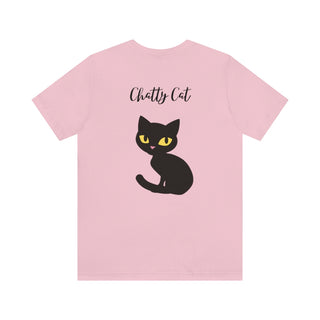 Meow Unisex Tee in Pink. Shown is back showcasing a wide eyed black cartoon cat with the phrase "Chatty Cat" above it. On front of shirt is the Benefit Beagle Logo featuring a peeping cat.