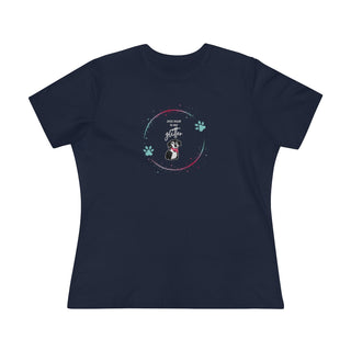 Dog Hair is my Glitter Women's Premium Tee in Navy. The Dog Hair is my Glitter design features a dog with the phrase "Dog Hair is my Glitter" above it and it is surrounded by a circle with paw prints.