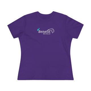 Lincoln Butterfly Women's Premium Tee in Team Purple. Shown is the front of shirt with Benefit Beagle Logo kissed by butterfly. The back of shirt showcases profile of a dog with a blue butterfly on its nose and the phrase "Kindness is Strength" next to it.