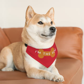 Dog wearing Easily Distracted Dog Collar Bandana in Red. The design features a large dog bone with the words, "I'M THE DOG" written across it. Comes with adjustable black collar.